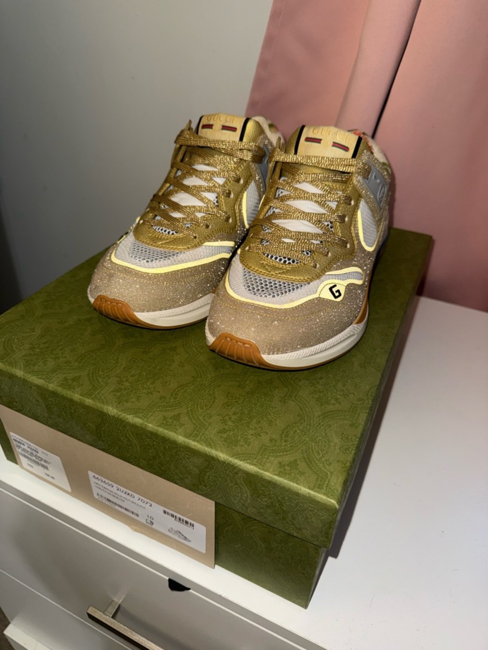 Gucci Gold Glitter and Yellow Accent Low-Top Sneakers